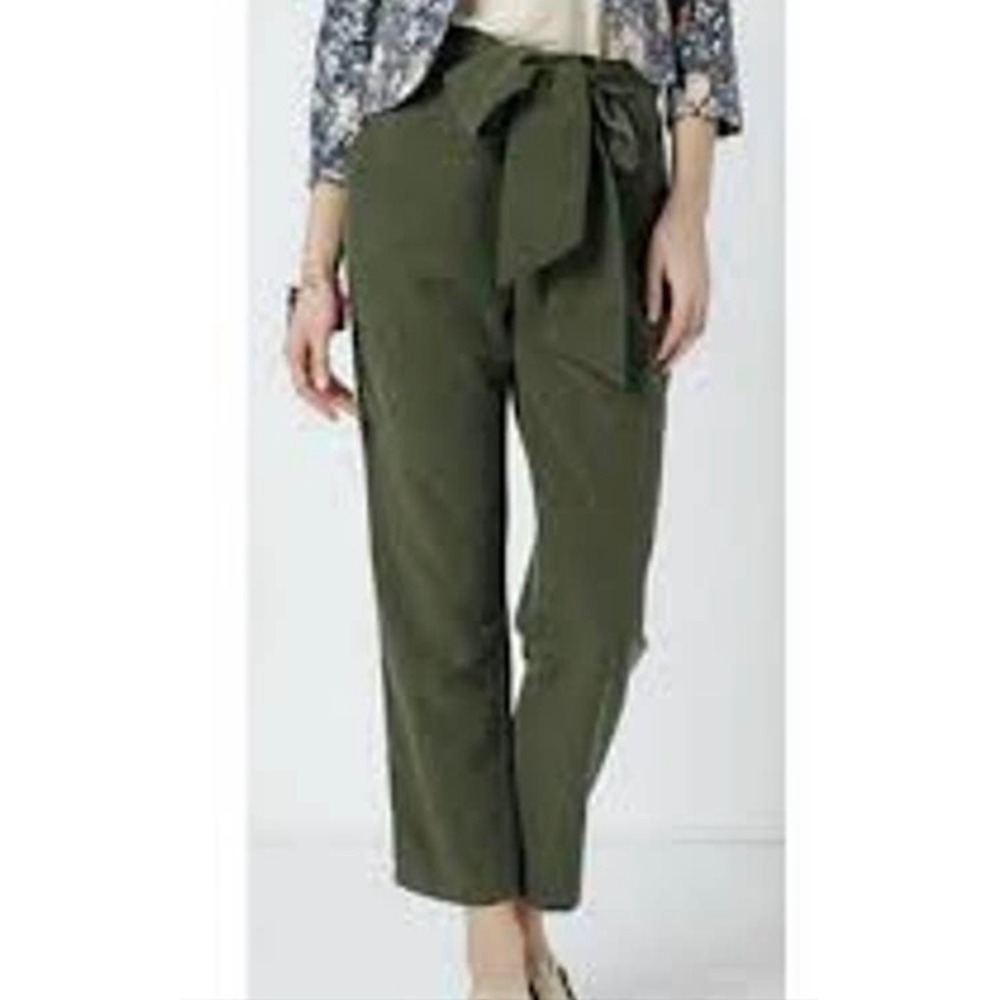 Anthropologie Coquille Olive Green Paperbag Waist Tapered Ankle Pants with Tie